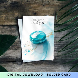 Watercolor Turquoise Digital Printable Thank You Card, December Birthstone, Gemstone Art, Wife Birthday Gift, Something Blue, Crystal Card