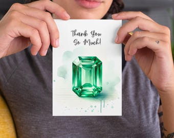 Emerald Watercolor Thank You Card – Folded Green Gemstone Card, Elegant Girlfriend Gift, Luxury Appreciation Note