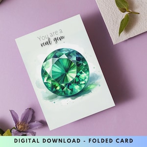 Printable Emerald Greeting Card, Watercolor Round Emerald, May Birthstone, Digital Gemstone Birthday or Mother's Day Card, Thank You Card