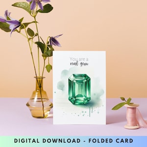 Digital Emerald Greeting Card, Printable Watercolor Emerald Card, May Birthstone, Gemstone Birthday Card Mother's Day Card Thank You Card