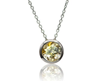 Round Citrine Bezel Necklace, Sterling Silver Slide Pendant Necklace, Ready to Ship, November Birthstone, Gift for her