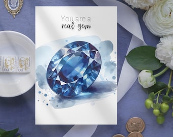 Digital Birthstone Card, Watercolor Oval Sapphire Art, September Birthstone, DIY Wife Birthday Gift, Greeting Card, Printable Thank You Card