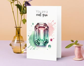 Printable Watercolor Tourmaline Card, Digital Gemstone Art, October Birthstone, Daughter or Wife Birthday Gift, Anniversary Crystal Card