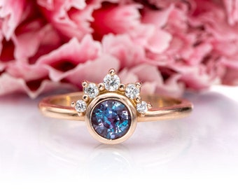 Alexandrite Diamond Halo Ring, Juno Bezel Set Round Alexandrite  Solitaire, 14k Rose Gold Engagement Ring with Diamond Half Halo Accents