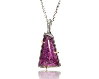 Geometric Tourmaline Necklace, Unique Rubellite Tourmaline Pendant - Sterling Silver and 14K Rose Gold Necklace