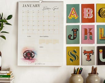2026 Birthstone Wall Calendar and Planner with Watercolor Gemstone Art, Monthly Hanging Calendar for Jewelry Lovers & Refined Home Decor