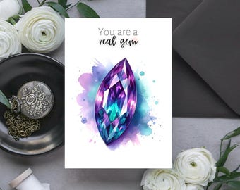 Digital Printable Thank You Card, Watercolor Alexandrite June Birthstone, Gemstone Art, Wife Birthday or Mother's Day DIY Greeting Card
