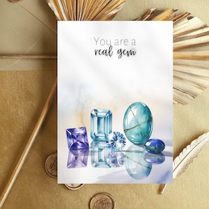 Watercolor December Birthday Greeting Card, Tanzanite, Blue Topaz, Turquoise Birthstone, Anniversary Gift, Crystal Card, wife birthday card