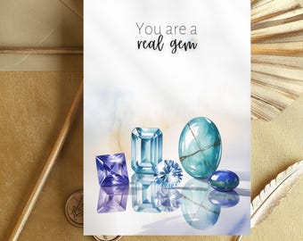 Watercolor December Birthday Greeting Card, Tanzanite, Blue Topaz, Turquoise Birthstone, Anniversary Gift, Crystal Card, wife birthday card