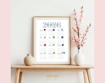 2026 birthstone calendar, printable minimalist wall art, digital download poster, monthly gem chart, modern decor gift for her home