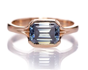 Blue Moissanite Solitaire Ring Emerald Cut Blue Moissanite 14k Rose Gold Engagement Ring, Ready to Ship, Low Profile Semi Bezel Setting