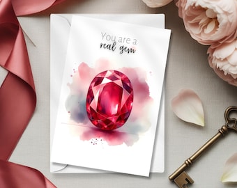 Watercolor Ruby Birthstone, Digital Printable Thank You Card, July Birthstone Gift Gemstone Art, DIY Birthday Greeting Card, Crystal Card