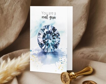 Folded Blue Spinel Greeting Card, You Are a Real Gem Watercolor Card, August Birthstone Thank You or 30th Birthday Card for Wife or Daughter