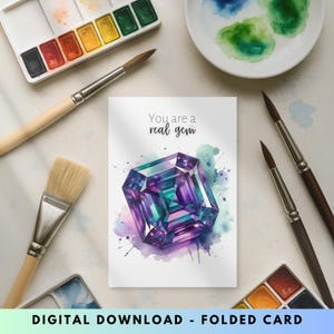 Asscher Cut Alexandrite Digital Printable Thank You Card, June Birthstone, Watercolor Gemstone Art, Wife Birthday Card, DIY Greeting Card