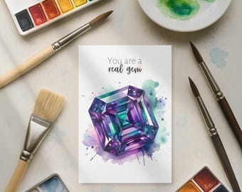 You Are a Real Gem Printable Card, Asscher Cut Alexandrite Watercolor Folded Card, June Birthstone Gift Digital Download, DIY Thank You Card