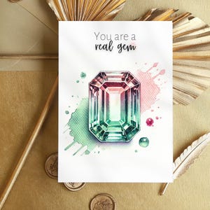 Tourmaline Gemstone Greeting Card, Watercolor Art, Emerald Cut October birthstone gift, Thank You crystal card, wife birthday card