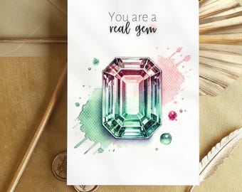 Tourmaline Gemstone Greeting Card, Watercolor Art, Emerald Cut October birthstone gift, Thank You crystal card, wife birthday card