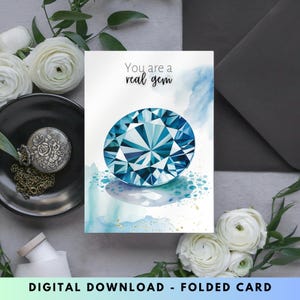 Watercolor Topaz Digital Printable Thank You Card, December Birthstone, Topaz Gemstone Art, Wife Birthday Gift, Something Blue, Crystal Card