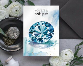 Watercolor Topaz Digital Printable Thank You Card, December Birthstone, Topaz Gemstone Art, Wife Birthday Gift, Something Blue, Crystal Card