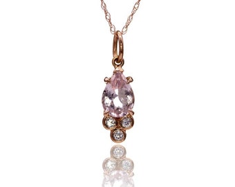 Gorgeous Rose Gold Pear Morganite Necklace with Moissanite Accents, 14k Gold Pendant Necklace, Ready to Ship, Gift for Every Occasion!