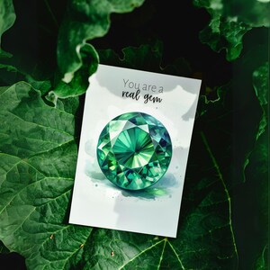 Chic May Birthstone Emerald Greeting Card, Watercolor Round Emerald Blank Anniversary Card, Gemstone Birthday Card, Folded Thank You Card