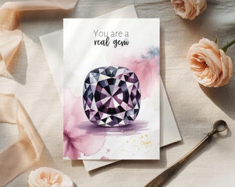 You Are a Real Gem Printable Card, Watercolor Purple Spinel Folded Card, August Birthstone, DIY Digital Greeting in 2 Sizes with Envelope
