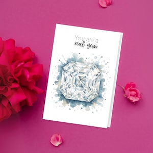 Diamond Birthday Card, You Are a Gem, Watercolor Asscher Cut Diamond Print Folded Thank You Card, April Birthstone Card, wife birthday card