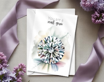 Watercolor Brilliant Cut Diamond Folded Greeting Card for April birthdays and anniversaries, Diamond Birthstone Gift, Encouragement card