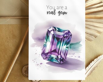 Alexandrite June Birthstone Card, Emerald Cut Alexandrite, Watercolor Gem Art, Folded Thank You Card Anniversary Gift, Birthday Crystal Card