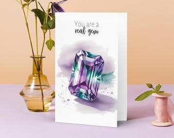 Alexandrite June Birthstone Printable Thank You Card, Digital Download, Foldable Blank Gemstone Note Card for Birthday Gifts & Celebrations