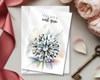 Digital Diamond Birthday card, Brilliant April Birthstone, Watercolor Folded Card, Printable Download, DIY Birthday Gift, Modern Anniversary