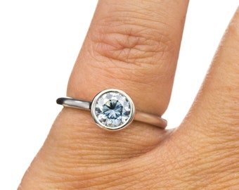 Blue-Gray Moissanite Ring, Bezel Set Moissanite, Accented Cathedral Engagement Ring, Round Moissanite Ring, Solitaire Ring, gift for her