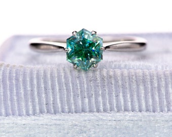 Hexagon Teal Moissanite Dahlia Solitaire Ring,Hexagon Teal Blue Moissanite Promise Ring, 6-Prong 10k White Gold Engagement Ring