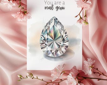 Pear Diamond Folded Card, April Birthstone Watercolor Art, Printable Digital Download, April Birthday Card, Romantic Anniversary Surprise
