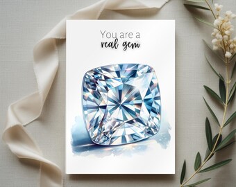 Watercolor Cushion Cut Moissanite Folded Thank You Card, You are a Gem, Gemstone Crystal Card, wife birthday, gratitude gift for daughter