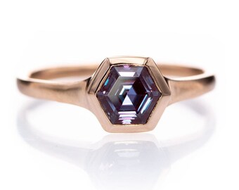 Hexagon Alexandrite Ring, Low Profile Bezel Setting, 14k Rose Gold Signet Solitaire, Engagement Ring, Ready to Ship, Geometric Promise Ring