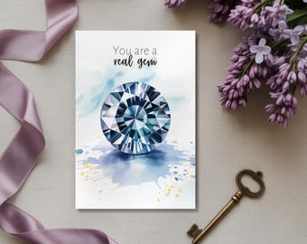 Blue Spinel August Birthstone Printable Card, Digital Download Folded DIY Watercolor Card in 2 Sizes, Wife Birthday Gift, Greeting Card