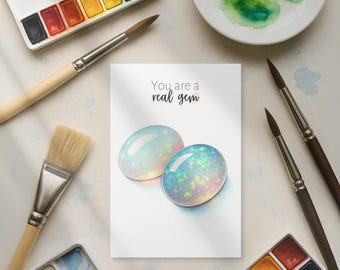 Printable Watercolor Opal Card, Digital Gemstone Art, October Birthstone, Daughter or Wife Birthday Gift, DIY Anniversary Crystal Card