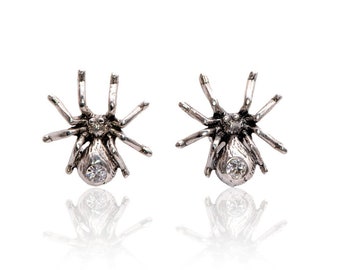 Loveable & Spooky Spider Stud Earrings with sparkly Moissanite Accents - Gothic Halloween Sterling Silver Jewelry, gift for Insect lovers