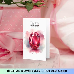 Elegant Oval Ruby Printable Card - Perfect for July Birthdays, Mother's Day, and Anniversaries, DIY Greeting Card, Gemstone Art Crystal Card