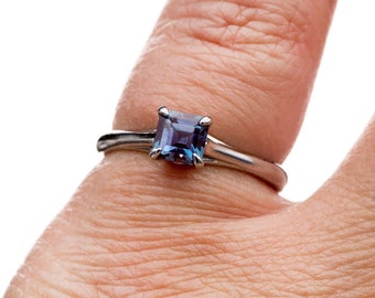 Alexandrite engagement Ring, Square Emerald Cut Lab Alexandrite Cathryn Ring, Claw Prong Set Platinum Solitaire Promise Ring, Ready to ship