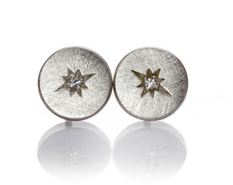 Small Moissanite Star Set Round Sterling Silver Disk Stud Earrings, Ready to Ship, Gift for Women, Celestial Earrings, Silver Disc Studs