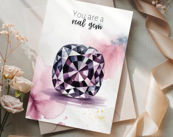 Folded Purple Spinel Greeting Card, Watercolor Card Stationary, August Birthstone Art, 40th Birthday Card for Wife, Gift for Daughter