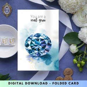 Watercolor Tanzanite Digital Printable Thank You Card, December Birthstone, Gemstone Art, Wife Birthday Gift, Something Blue, Crystal Card