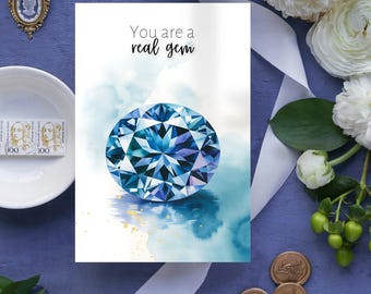 Watercolor Tanzanite Digital Printable Thank You Card, December Birthstone, Gemstone Art, Wife Birthday Gift, Something Blue, Crystal Card