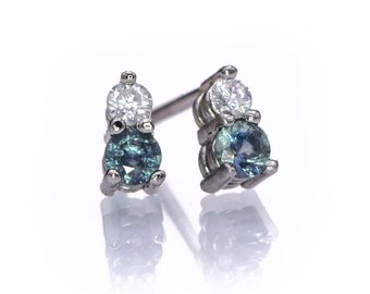 Blue-Green Montana Sapphire & Moissanite Studs, Gemstone 14k white gold Stud Earrings, Ready to Ship, Sapphire Earrings, Gift for Women