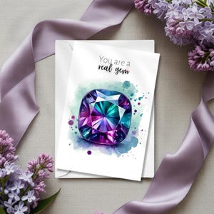 Birthday Card featuring June Birthstone Alexandrite, Elegant Watercolor Anniversary Greeting Card, Folded Printed Gemstone Greeting Card