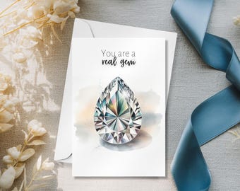 Watercolor Pear Diamond Folded Greeting Card for April birthdays and anniversaries, Diamond Birthstone Gift, Gemstone Encouragement card