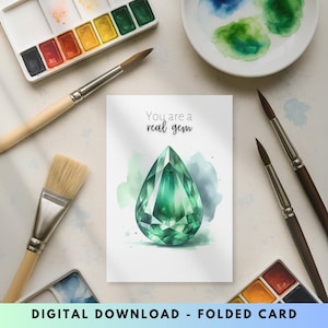 Digital Emerald Greeting Card, Watercolor Pear Emerald Card, May Birthstone, Printable Gemstone Birthday Card, Mother's Day Thank You Card