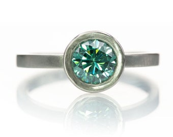 Minimal Moissanite Engagement Ring, Round Green Moissanite Wide Bezel Low Profile Solitaire Platinum Engagement Ring